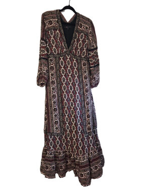 Frye Burgundy and Cream Boho V‑Neck Maxi Dress